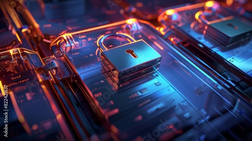 Secure Digital Encryption Concept with Metallic Padlock Symbol and Translucent Files on Dark Blue Background