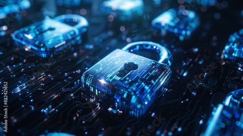 Secure Digital Encryption - Metallic Padlock Symbol on Transparent Files with Vibrant Blue Gradient Background