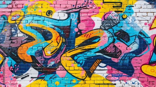 An abstract graffiti art on a brick wall, displaying vibrant colors of blue, pink, yellow, and orange.