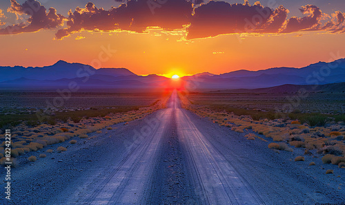 Photograph a long, straight desert road as it disappears into a breathtaking sunset, emphasizing the vast, open skies and the tranquil solitude of the desert environment. , Generate AI photo