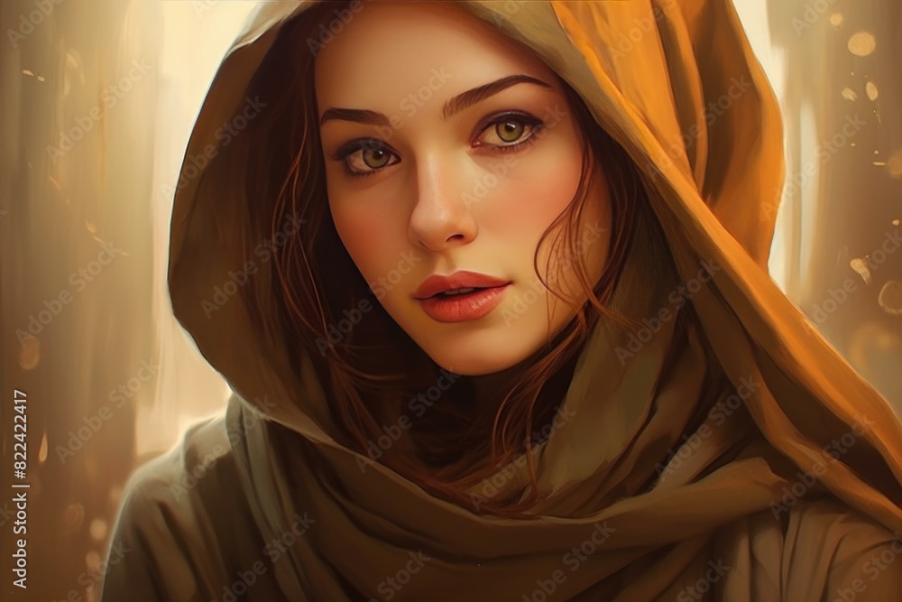 Digital painting of a captivating woman draped in a golden, translucent hood
