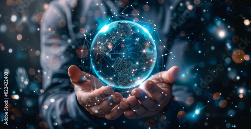 Businessman holding a digital sphere with a network connection in his hand, representing technology and a global business concept Generative AI