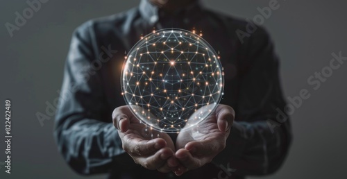 Businessman holding a digital sphere with a network connection and data technology background for a global business concept, in the style of a futuristic internet of things Generative AI