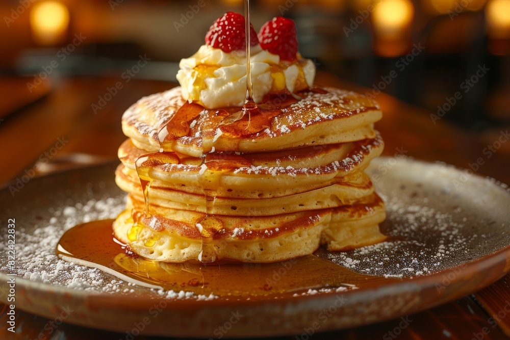 A stack of pancakes with syrup and whipped cream on top A stack of pancakes with syrup and whipped cream on top