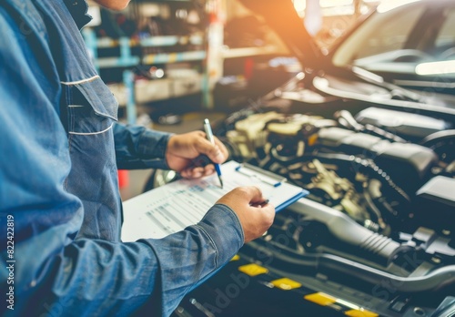 An auto repairman writes a job checklist on a clipboard while inspecting an engine to estimate repairs and maintenance at a vehicle garage. photo