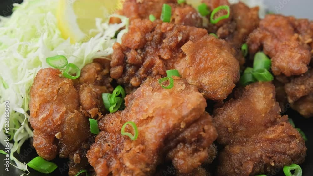 Japanese Fried crispy Chicken Karaage in black bowl with rice and cabbage. Rotating video Japanese Fried crispy Chicken Karaage in black bowl with rice and cabbage. Rotating video