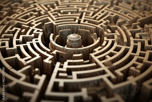 Digital art concept of a labyrinth maze circling a capitol-like structure