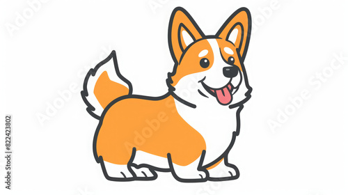 Charming and cute illustration of a corgi dog in orange and white  drawn with simple shapes and bold lines. The doodle style and happy expression reflect Ryo Takemasa s influence on a white background