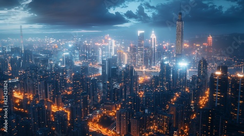 A bustling metropolis skyline illuminated by energy-efficient AI-managed smart grids  reducing carbon footprint. 32k  full ultra HD  high resolution
