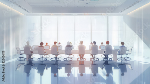 Seated in a pristine white meeting room, individuals gather around a conference table adorned with laptops, their faces rendered in a captivating anime realistic style, 