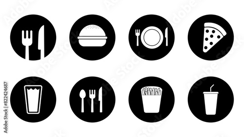 Food Icons in Black Circles - Knife, Fork, Spoon, Plate, Burger, Pizza, French Fries, Drinks