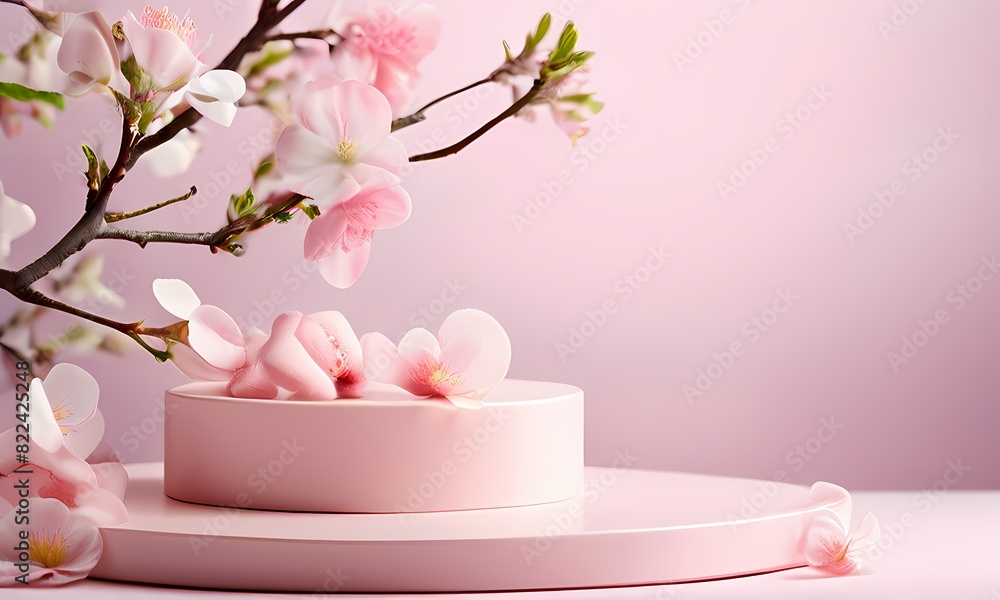Close up view of a pink spring themed product display podium branches adorned with blooms cascading, Ai Generated Close up view of a pink spring themed product display podium branches adorned with blooms cascading, Ai Generated