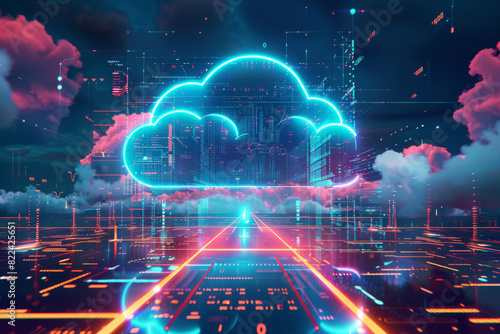 Illustrative image of computer servers on clouds representing cloud computing.Cloud Network Solution digital background. Cyber Security and Cloud Technology Concept. 