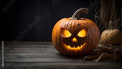 Halloween pumpkin with a scary vibe on wooden planks