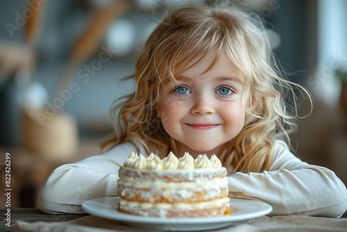 High-Resolution Photo  Smiling Child Enjoying Cake at a Cafe - Capturing Pure Joy.