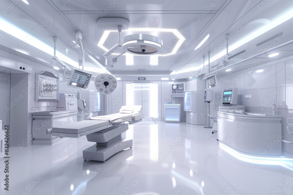 Contemporary modern operating room interior on clean white background with ample daylight Contemporary modern operating room interior on clean white background with ample daylight