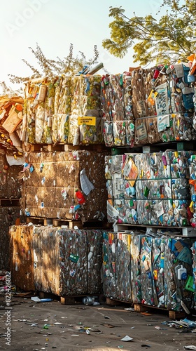 Stacked compressed plastic waste bales at a recycling plant, illuminated by sunlight and surrounded by trees. © kanoktuch