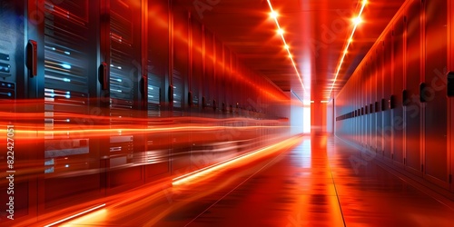 Empty redlit data center corridor conveys urgency and importance of stored data. Concept Data Security  Emergency Preparedness  Technology Infrastructure  Cybersecurity  Red Alert