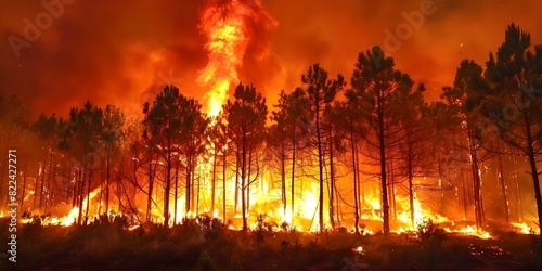 Wildfire destroys acres of pine trees during dry season part of global crisis. Concept Wildfire Impact, Pine Tree Destruction, Global Crisis, Dry Season, Environmental Disaster