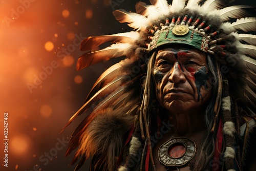 Portrait of a native american chief with a ceremonial headdress against a warm backdrop