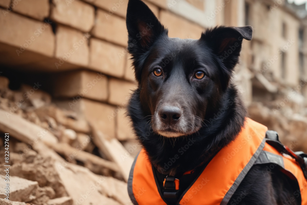 Rescue dog helps to search for people under the broken building after the earthquake. Friendly dog save people on the ruins of a destroyed building after the cataclysm. Concept of natural disasters.