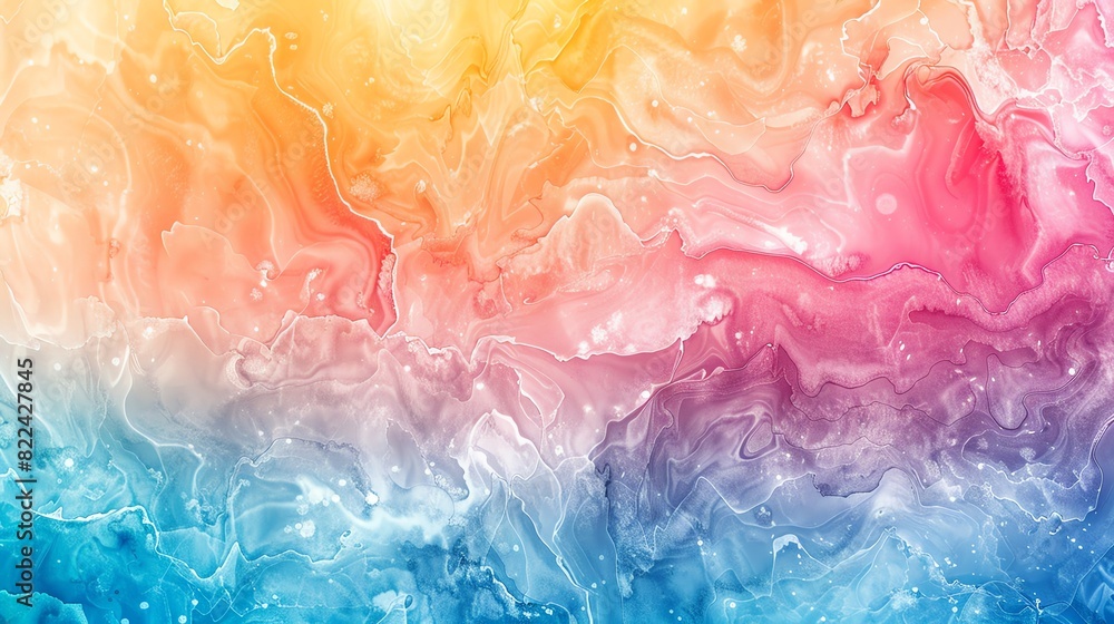 Fototapeta premium Vibrant abstract watercolor painting with gradient colors blending from yellow, orange, pink, to blue, creating a mesmerizing artistic background.