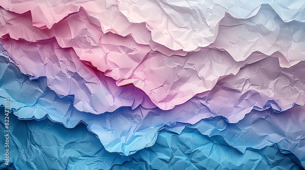 Fototapeta premium Close-up of wrinkled pastel-colored paper in shades of pink, blue, and purple, creating a textured abstract background.