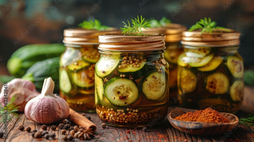 Pickled cucumbers in glass jars and spices and vegetables for preparation of pickles on wooden background. Pickled cucumbers in glass jars and spices and vegetables for preparation of pickles on wooden background.