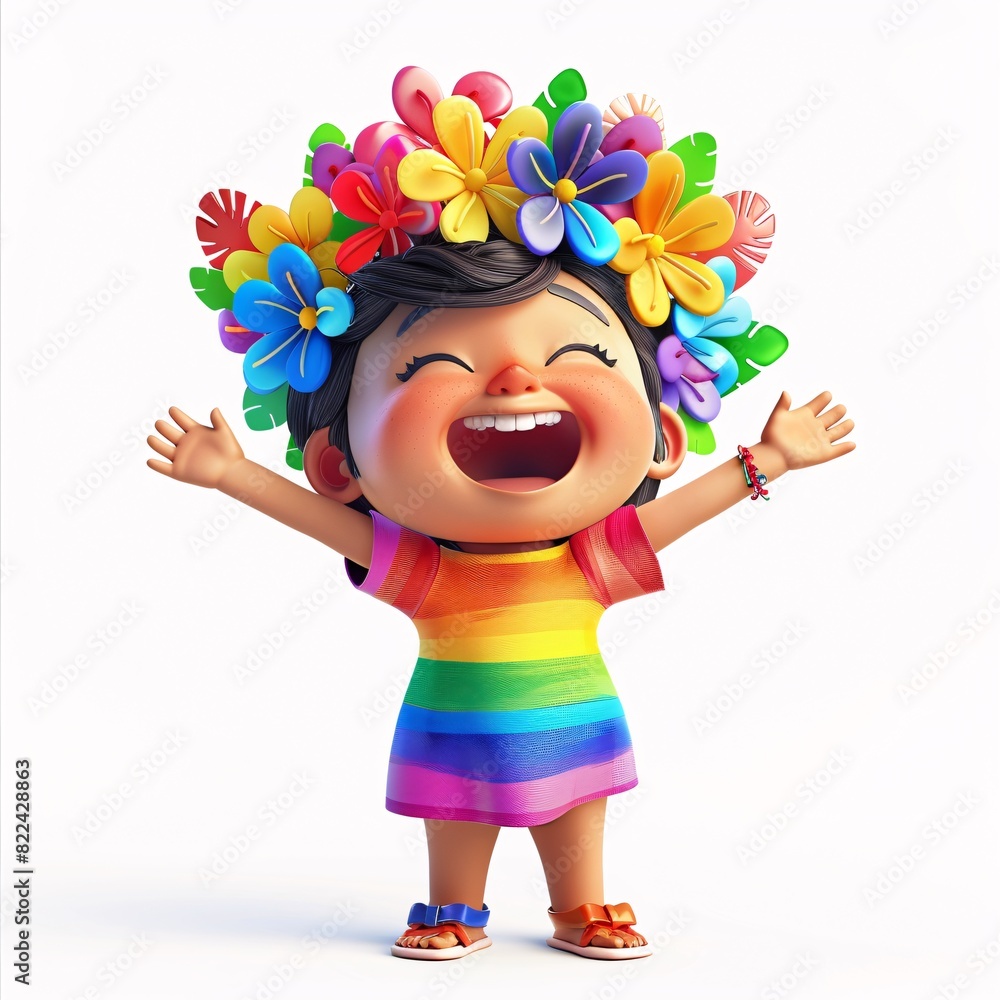 Joyful 3D female character with a rainbow flower crown, celebrating diversity Joyful 3D female character with a rainbow flower crown, celebrating diversity