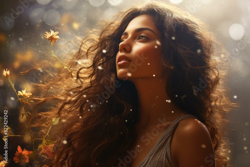 Ethereal image of a youthful female with radiant sparkles and a warm, magical ambiance
