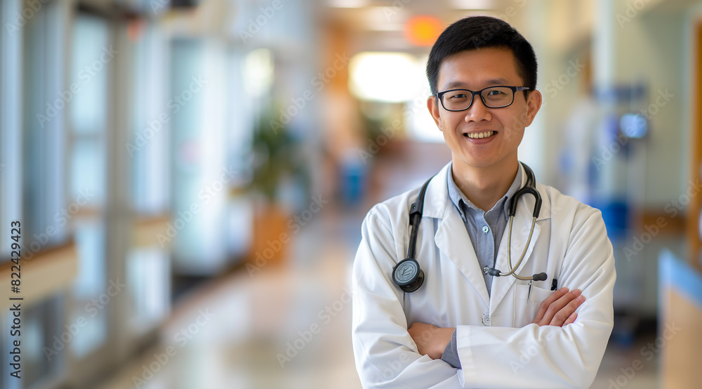 A Chinese doctor wearing glasses and a white coat stands in the hospital, smiling with his arms crossed on both sides A Chinese doctor wearing glasses and a white coat stands in the hospital, smiling with his arms crossed on both sides