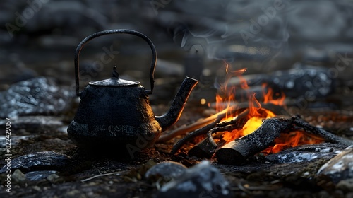 Steaming mint tea in a rustic kettle over a campfire 