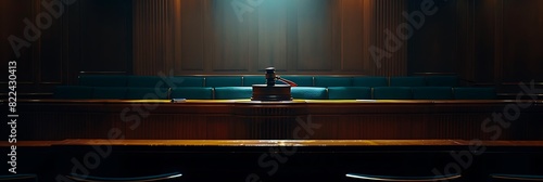 Empty judge's bench, The judge's gavel rests on the empty bench, illuminated by a single spotlight, creating a powerful image of justice. photo