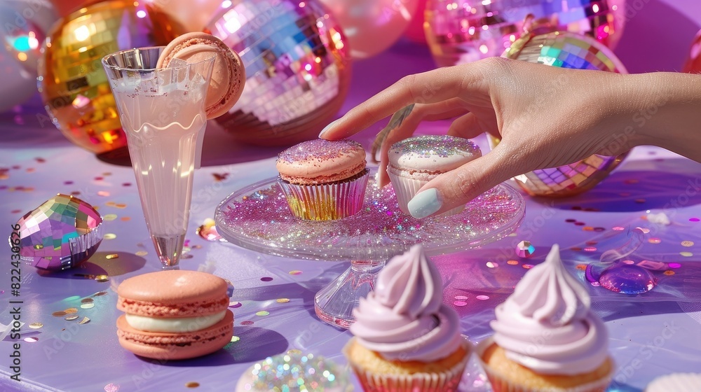 A woman's hand reaching for macarons and cupcakes on an iridescent purple table with disco balls. A pink cocktail glass is next to the food. Hyper realistic photography