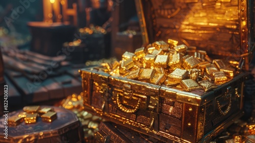 A treasure chest filled with gold bars in a treasure room background