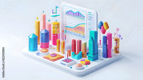 Glossy Data Visualization Concept: 3D Flat Icons in Cartoon Style Depicting Innovation and Clarity in Research Technology