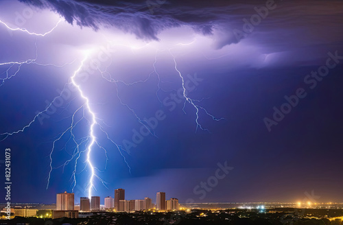 Element in the night city. Thunderstorm with flashes of bright lightning and a thundercloud at night over the city.