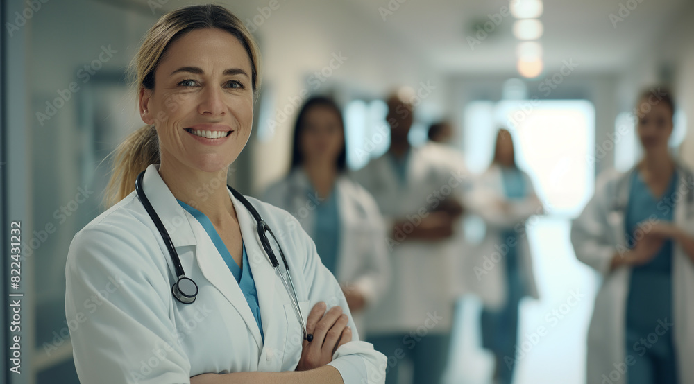 Female doctor smiling at camera with group of female doctors in the background standing together looking to the side, copy space for text Female doctor smiling at camera with group of female doctors in the background standing together looking to the side, copy space for text