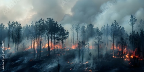 Global environmental catastrophe: Wildfire devastates pine forest during dry season. Concept Wildfire, Pine forest, Dry season, Environmental catastrophe, Global impact
