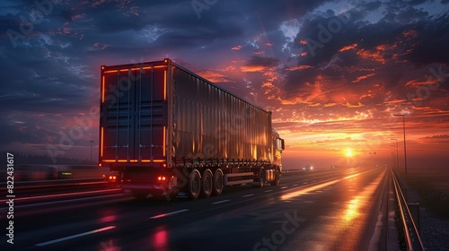 A truck with a cargo trailer driving on the highway at sunset, photo