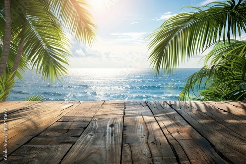 Wooden table overlooking the sea and palm trees, enhanced by artificial intelligence