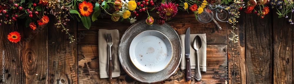 An overhead shot of a rustic wooden table featuring a set plate, knife, and fork on a textured napkin cloth, surrounded by subtle floral accents, central void area for text. An overhead shot of a rustic wooden table featuring a set plate, knife, and fork on a textured napkin cloth, surrounded by subtle floral accents, central void area for text.