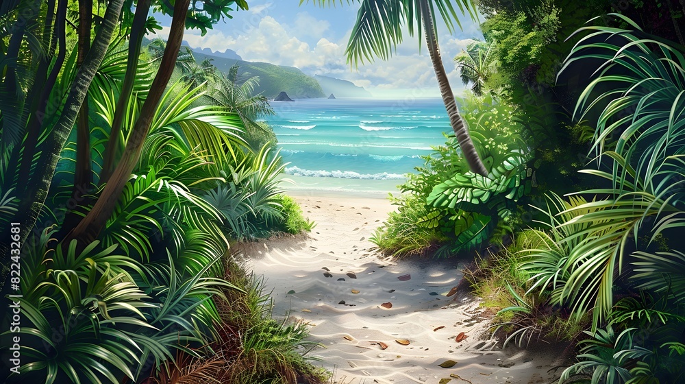 Fototapeta premium Sandy path leading to a tranquil, turquoise beach framed by lush green tropical plants