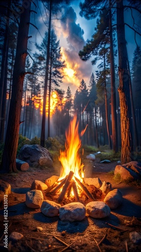 cinematic night shot a camp fire with in a forest around ultra realistic