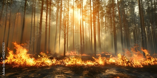 Pine forest ravaged by wildfire during dry season as part of worsening global environmental crisis. Concept Global Environmental Crisis, Wildfire Damage, Pine Forest Destruction