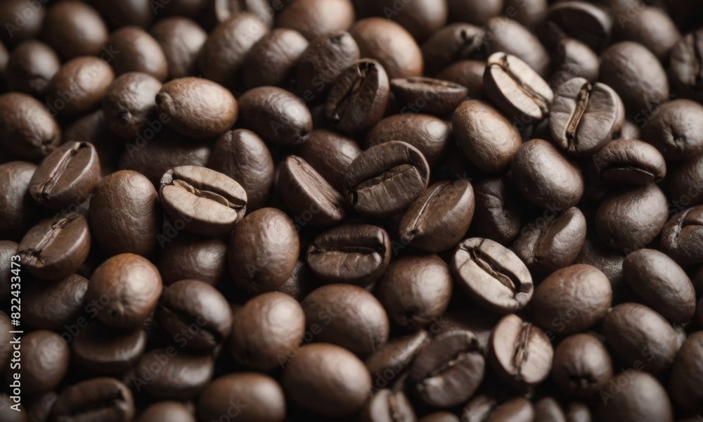 Fototapeta premium Close-Up View of Roasted Coffee Beans in Rich Detail. Coffee background