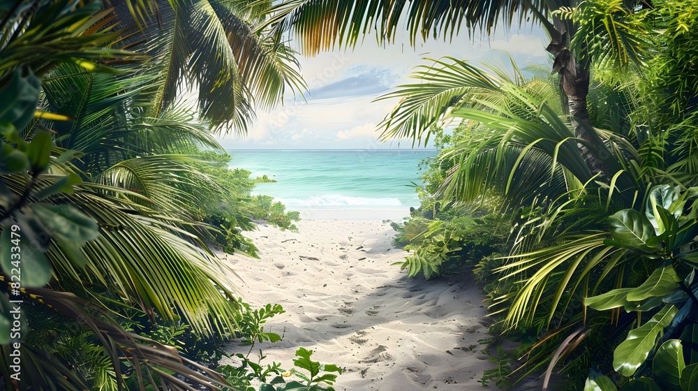 Fototapeta premium Sandy path leading to a tranquil, turquoise beach framed by lush green tropical plants