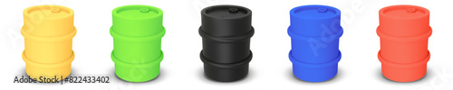 Set of round metal drum, barrel, 3D rendering. Vector illustration isolated on white. Yellow, green, black barrel of toxic, radioactive waste. Dangerous chemical liquids, flammable gases, toxins, oils