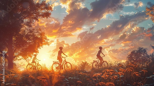 Visualize a family riding bikes together, enjoying the fresh air and exercise