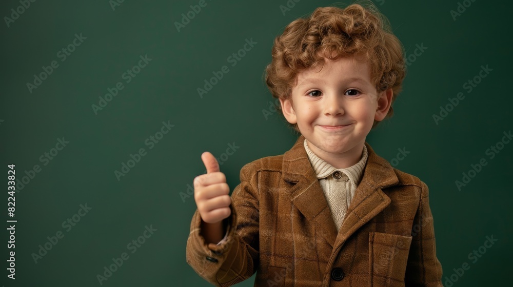 Cheerful Young Boy in Stylish Brown Tweed Jacket Giving a Thumbs Up, Portrait on Green Background Cheerful Young Boy in Stylish Brown Tweed Jacket Giving a Thumbs Up, Portrait on Green Background